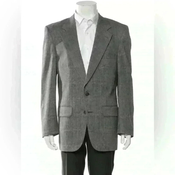 Burberry's Men’s Virgin Wool Blazer Grey Plaid Print 2 Button Closure Size L - Picture 1 of 6